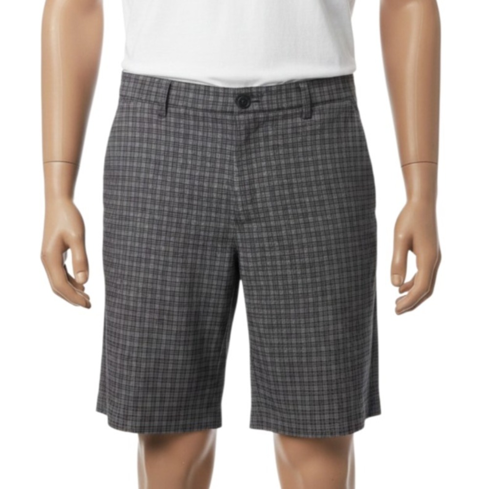 Greg Norman Golf Shorts Mens 36 Gray Black Plaid Flat Front Stretch Performance